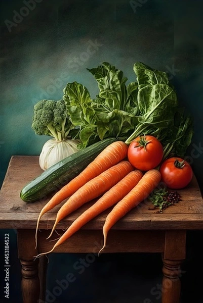 Obraz Freshly Harvested Vegetables on Rustic Table, Generative AI