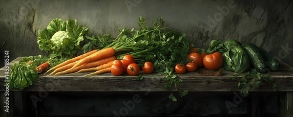 Obraz Freshly Harvested Vegetables on Rustic Table, Generative AI