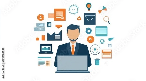 Fototapeta A businessman typing on a laptop surrounded by digital icons representing various business tools and progress