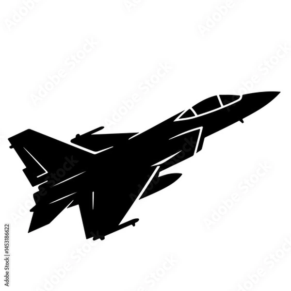 Obraz A black silhouette of a fighter jet in flight against a white background.