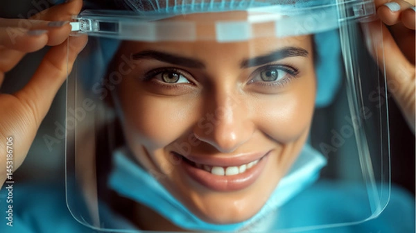 Obraz Smiling Caucasian female doctor in protective shield and scrubs in hospital setting, close-up healthcare portrait in teal and natural skin tones for medical marketing and wellness campaigns