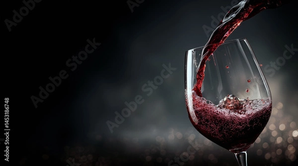 Obraz Red wine pouring into elegant glass against dark bokeh background for luxury lifestyle visuals, alcohol advertising, and romantic celebration concepts in rich burgundy tones with copy space