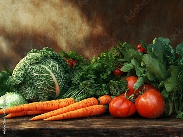 Obraz Freshly Harvested Vegetables on Rustic Table, Generative AI