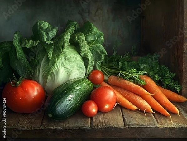 Obraz Freshly Harvested Vegetables on Rustic Table, Generative AI
