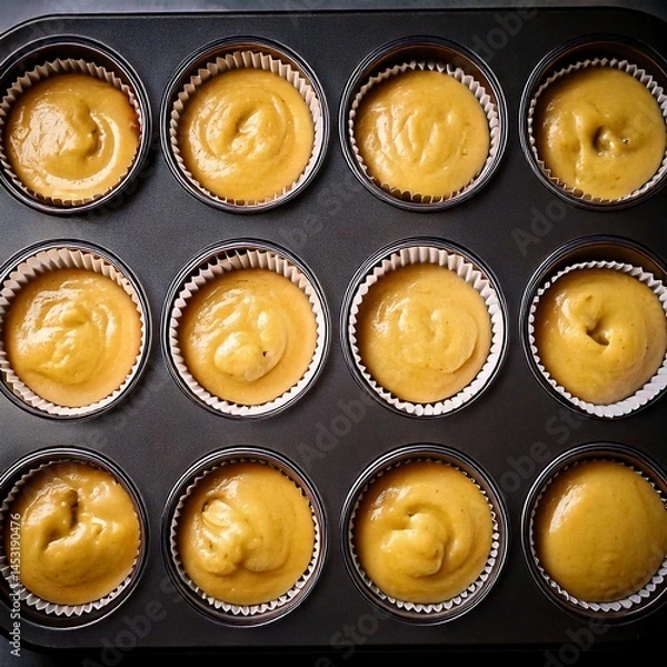 Fototapeta muffin pan filled with batter, ready for baking