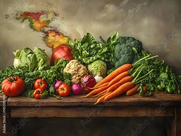 Obraz Freshly Harvested Vegetables on Rustic Table, Generative AI
