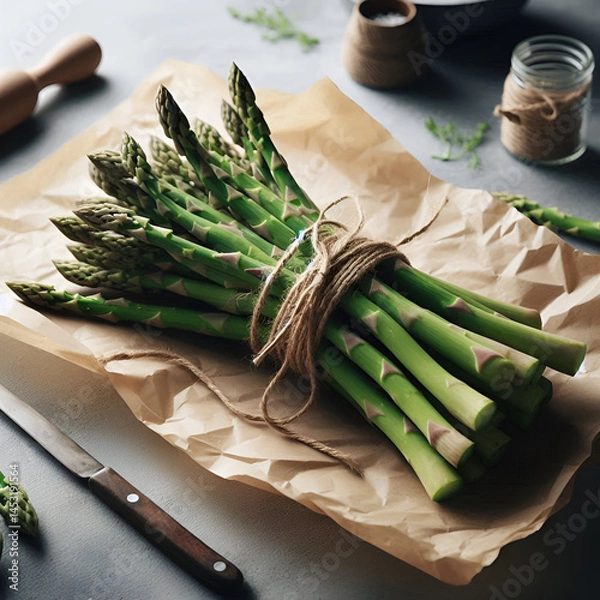 Fototapeta Bundle of Fresh Green Asparagus on Crumpled Paper with Rustic Setting