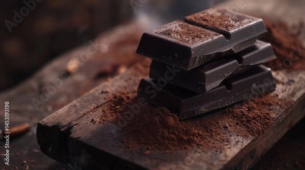 Fototapeta Dark vertical chocolate bars stacked on a wooden board with cocoa powder. Generated AI -