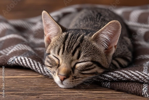 Obraz Peaceful Kitten Slumber: A Tabby Cat Napping on a Cozy Blanket