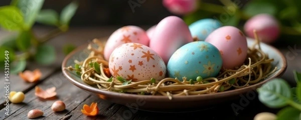 Fototapeta Gleaming pastel eggs, various patterns, nestled on rustic plate , rustic, eggs, celebration