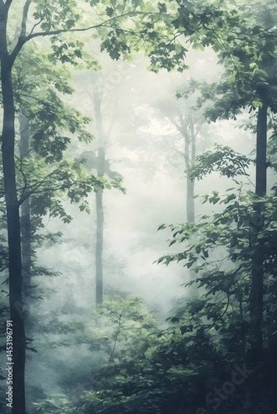 Obraz Misty Forest with Watercolor Brushstrokes, Generative AI