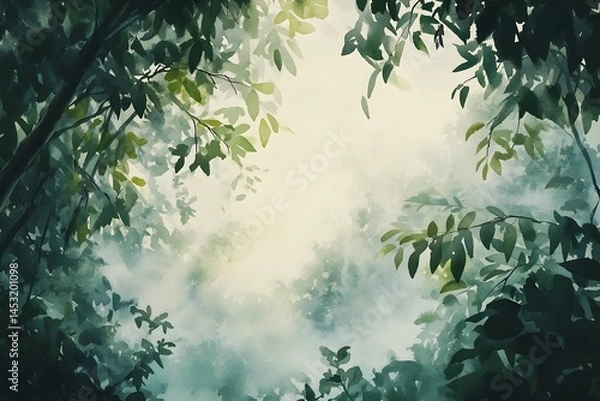 Obraz Misty Forest with Watercolor Brushstrokes, Generative AI