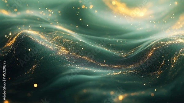 Fototapeta Abstract liquid green background with golden sparkles, luxury texture, smooth gradient for elegant designs