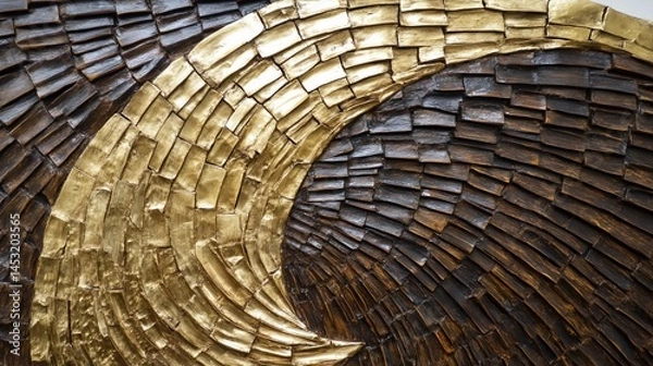 Fototapeta Abstract Gold and Wood Mosaic Wall Art with Dynamic Curved Design