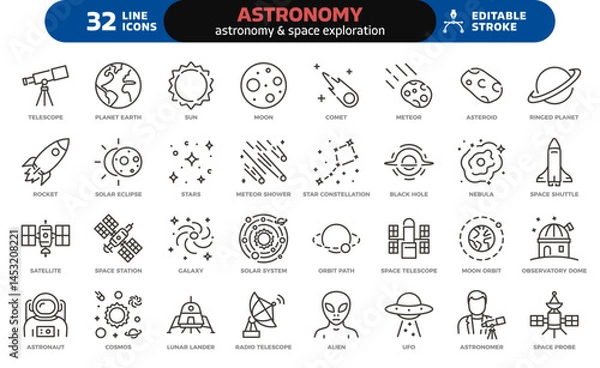 Fototapeta Astronomy and space exploration icon set. Thin line editable stroke icons for astrophysics, planets, rockets, astronauts, solar system, satellites, galaxies and outer space observation science