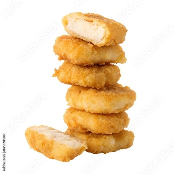 Fototapeta Stack of Crispy Breaded Chicken Nuggets on White Background