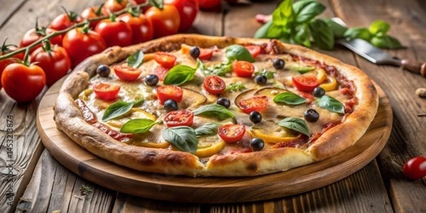 Fototapeta Wood table food scene with pizza and garnishes clean horizontal 2 to 1 aspect image created for commercial advertisement and menu layouts milkyhexddway pizzas Backgrounds ads