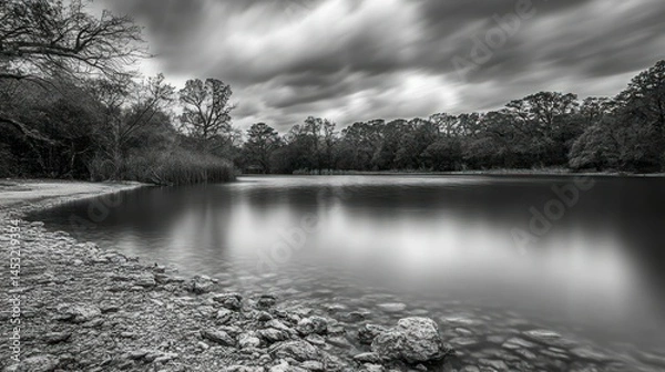 Fototapeta Tranquil monochrome image of a lake surrounded by trees