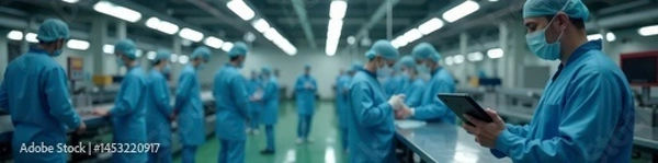 Fototapeta Sterile-clad supervisor uses tablet to oversee diverse team's production line , multicultural, communication