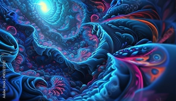Fototapeta Vibrant abstract fractal art featuring intricate blue and orange swirling patterns. Perfect for digital backgrounds and creative projects.