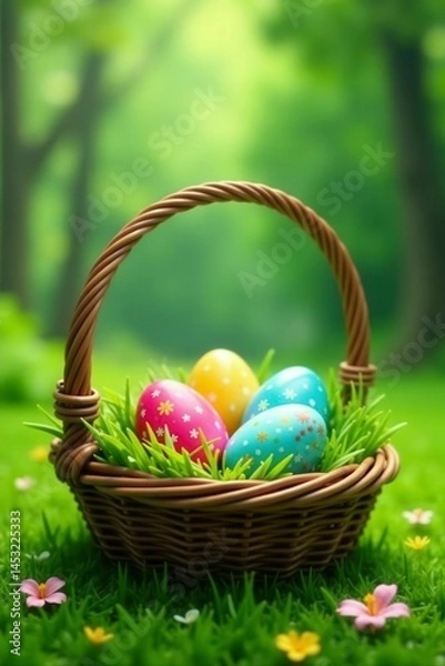 Fototapeta Vibrant painted eggs nestled in woven basket on green grass , spring meadow, colorful eggs, rustic