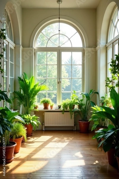 Fototapeta Bright, airy sunroom filled with lush plants and large windows, architecture, relaxation