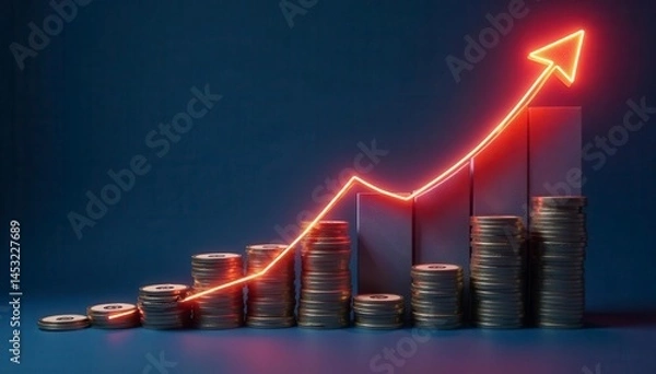 Fototapeta A graph showing exponential upward curve with rising stacks of money, investment, progress, graph