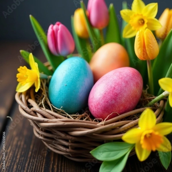 Fototapeta Vibrant dyed eggs nestled amongst tulips and daffodils , beautiful, Easter