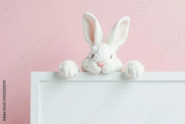 Fototapeta White bunny ears peeking over a blank whiteboard, presentation, sign