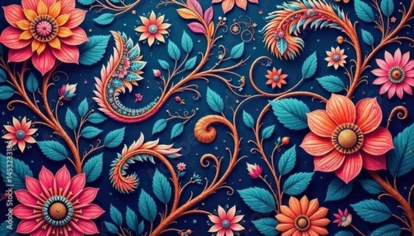 Fototapeta Intricate paisley floral pattern in vibrant hues, pattern, illustration