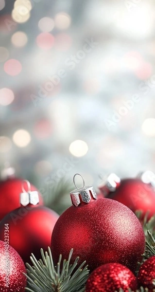 Fototapeta Festive holiday background with red Christmas ornaments and bokeh lights
