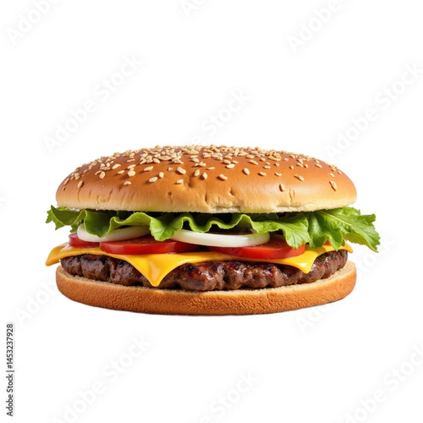 Fototapeta A delicious cheeseburger with lettuce, tomato, onion, and a sesame seed bun.