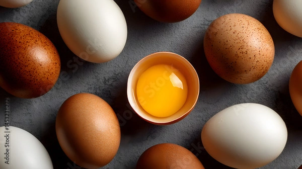 Obraz White and Brown Eggs Arranged in Pattern with One Open Egg Showing Yolk, Top View Flat Lay
