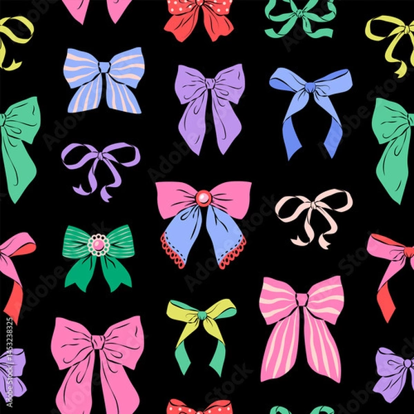 Fototapeta Colorful ribbon bows seamless pattern on black background. Trendy hair braiding accessory. Vector illustration. Perfect for wedding design, party decoration, gift wrapping paper and textile