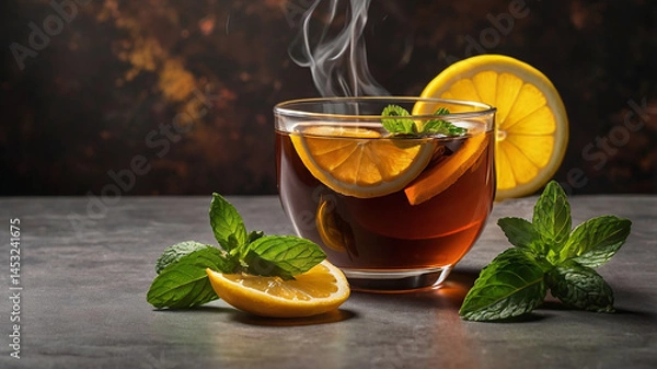 Fototapeta close up of a steaming hot glass of tea with fresh lemon slices and aromatic mint leaves