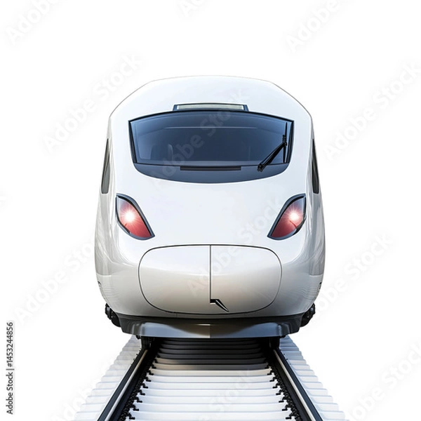 Fototapeta Front view of a high-speed train traveling on railway tracks. The train is sleek and modern in design. It looks fast. 