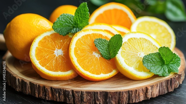 Fototapeta Sliced oranges and lemons garnished with fresh mint, beautifully displayed on a rustic wooden board for a vibrant fruit platter