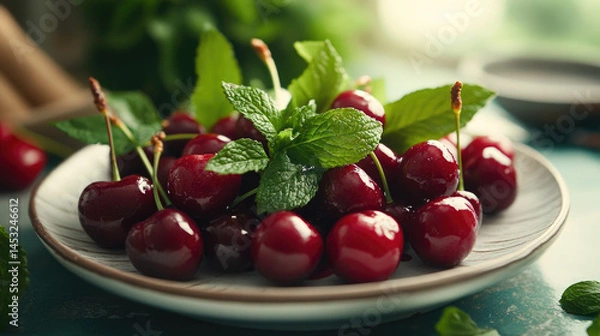Fototapeta Freshly picked cherries paired with mint sprigs, artfully arranged on a pristine white plate for an elegant and refreshing fruit snack.