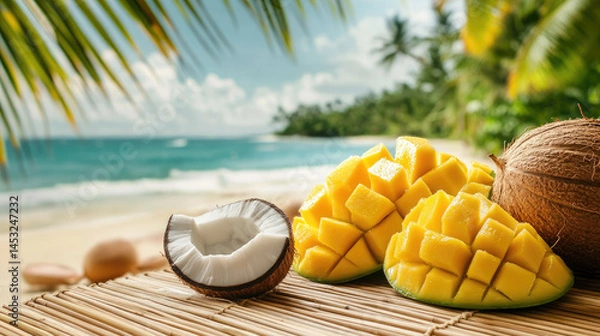 Fototapeta Fresh mango and coconut slices laid out on a bamboo mat by the sea, with palm trees swaying in the background