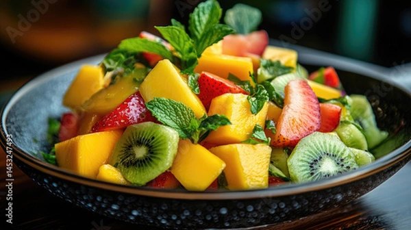 Fototapeta A vibrant tropical fruit salad of papaya, mango, and kiwi, garnished with mint leaves for a refreshing summer dish