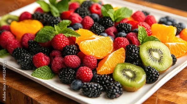 Fototapeta A vibrant fruit platter filled with juicy berries, sliced kiwi, and oranges, topped with fresh mint leaves, offering a delightful and refreshing start to a gourmet breakfast.