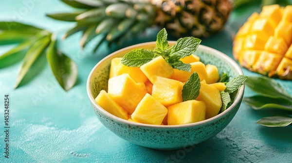 Fototapeta A bowl of fresh mango and pineapple chunks mixed with mint leaves, served on a vibrant tropical table setting.