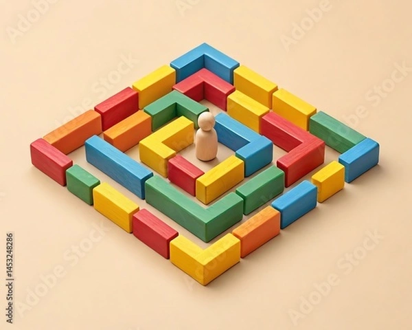 Obraz Navigating the Complexities of Life A Symbolic Representation of Challenges and Decision-Making Using Colorful Wooden Blocks and a Small Figurine in a Labyrinthine Pattern