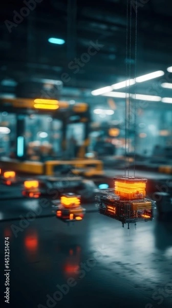Fototapeta Futuristic industrial scene showcasing glowing machinery in a high-tech factory environment