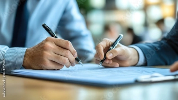 Obraz Business Collaboration: Two Executives Finalizing Agreement with Fountain Pens