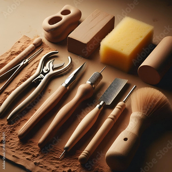 Fototapeta Flat Lay of Wood Carving Tools and Materials for Handcrafting