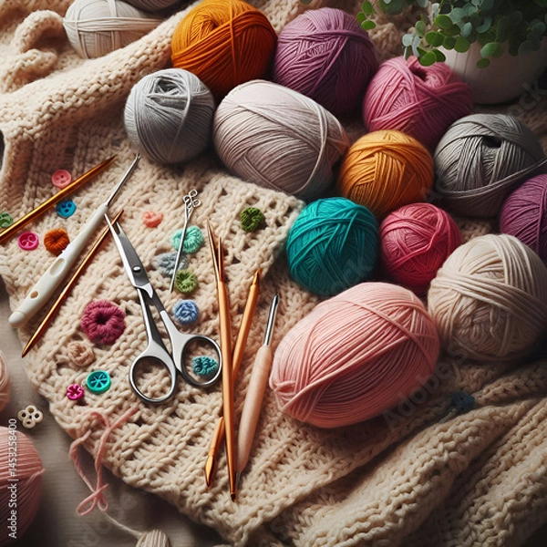 Fototapeta Flat Lay of Colorful Yarn Balls and Knitting Tools on Cozy Fabric