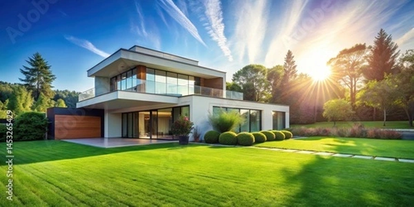 Fototapeta A modern house with a lush green lawn and vibrant grass under a clear blue sky on a sunny day with warm sunlight filtering through the trees , modern home, architectural style