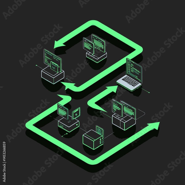 Fototapeta Illuminated Data Pathway in a Neon Green