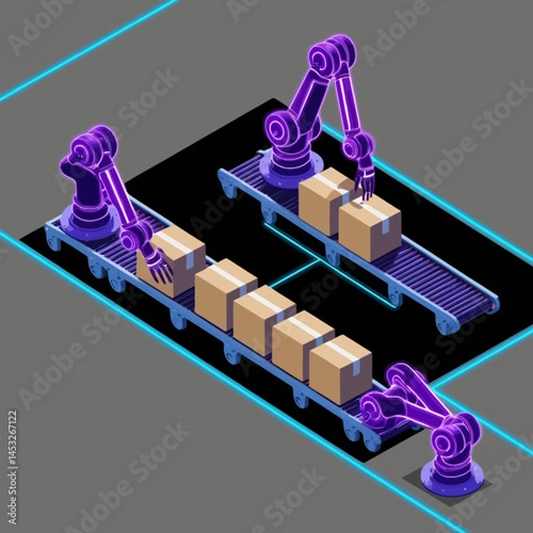 Fototapeta Robotic Arms Sorting Packages on Conveyor Belt